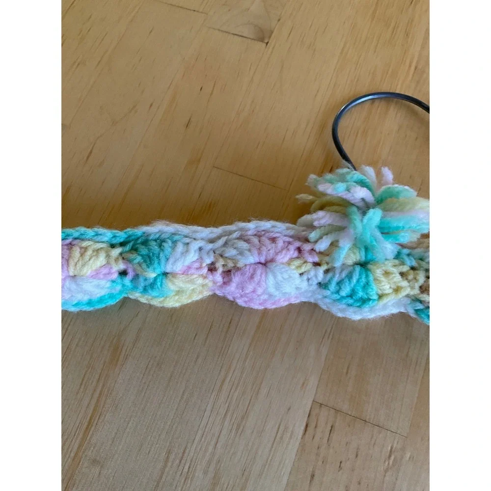 Handmade Crochet Padded Hanger Pastel Multi Color Shell Stitch Pom Pom Vintage
